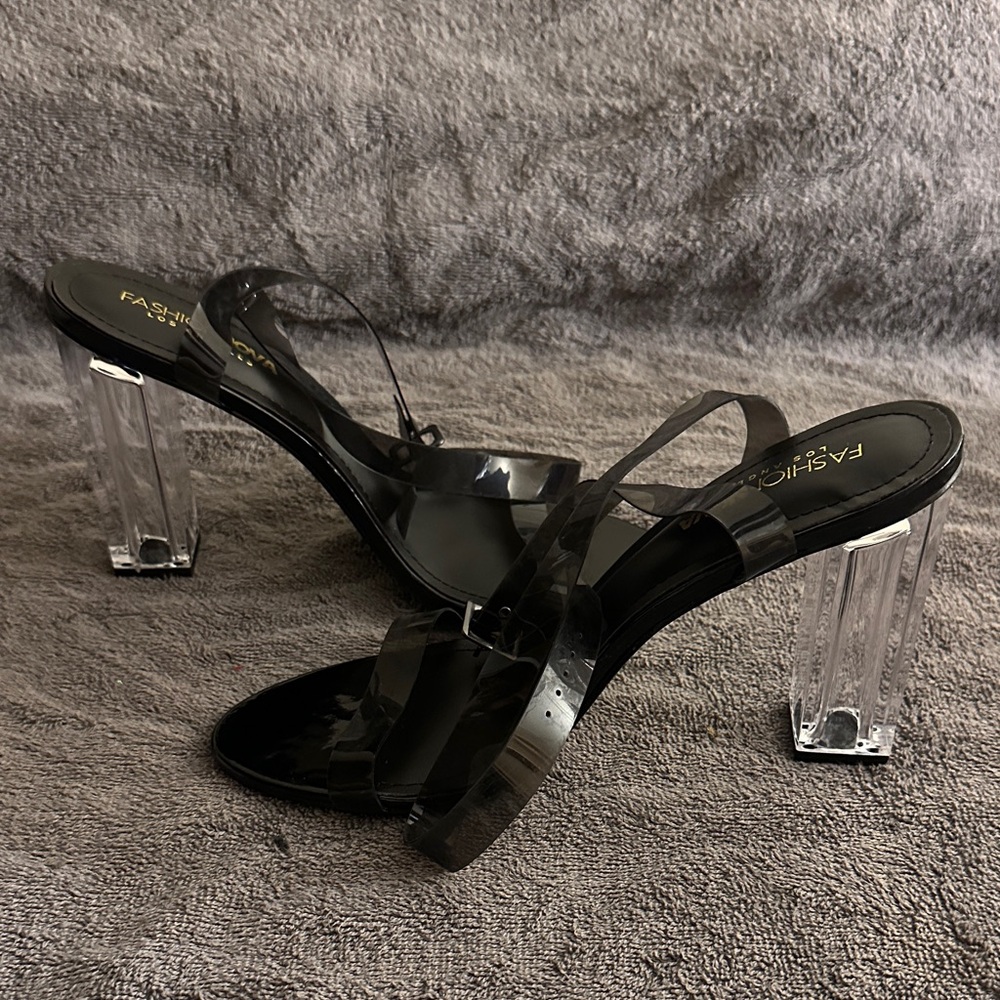Clear Heel Black Strappy Sandals